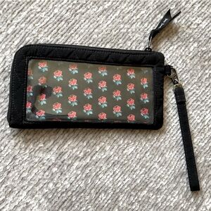 Vera Bradley Quilted Microfiber RFID‎ Tech Wristlet Wallet Solid Black Red Rose